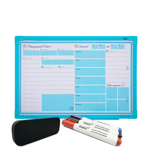 Lousa Quadro Planner Blue Moldura MDF Azul Soft + Caneta e Apagador