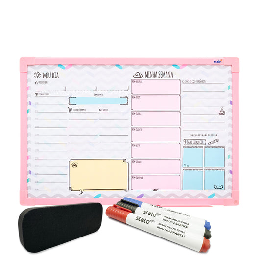 Lousa Quadro Planner Chevron Moldura MDF Rosa Soft + Caneta e Apagador