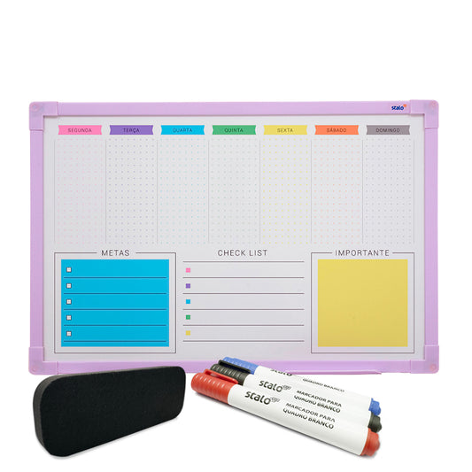 Lousa Quadro Planner Dots Moldura MDF Lilás Soft + Caneta e Apagador
