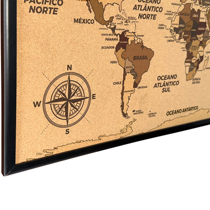 Quadro Decorativo Cortiça Mapa Mundi para Marcar Viagens + 25 Alfinetes