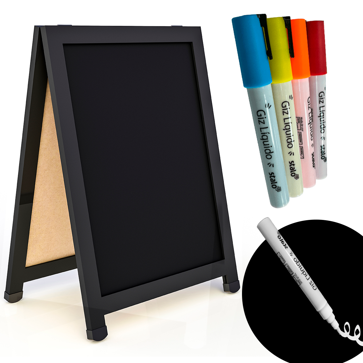 Lousa Cavalete de Calçada Duplo Preto UV MDF + Giz Líquido