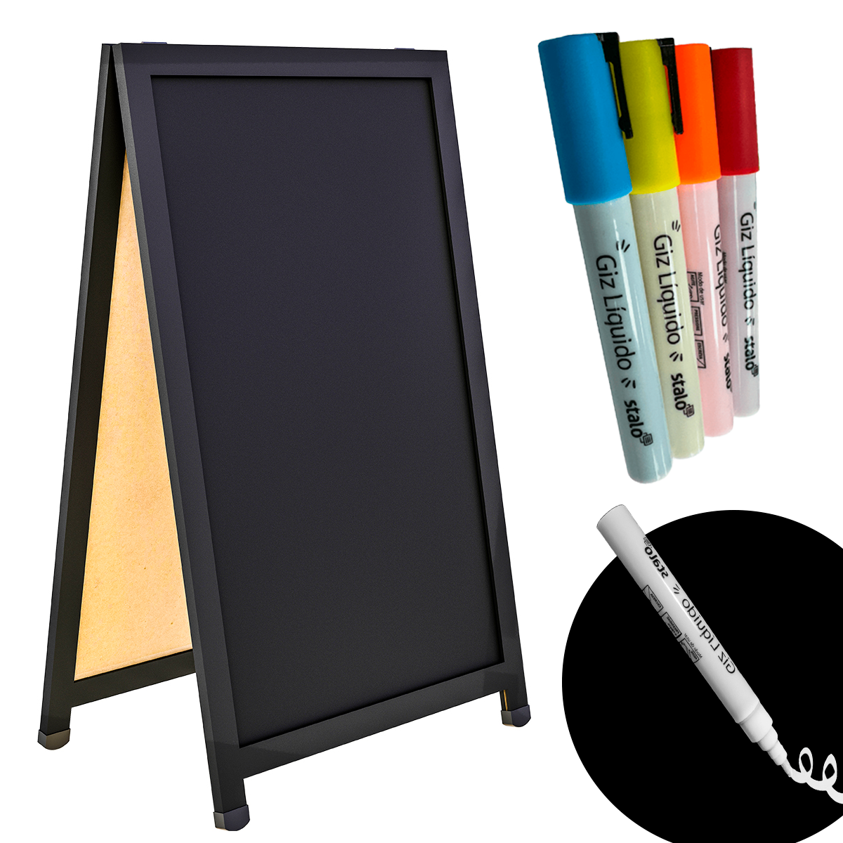 Lousa Cavalete de Calçada Duplo Preto UV MDF + Giz Líquido