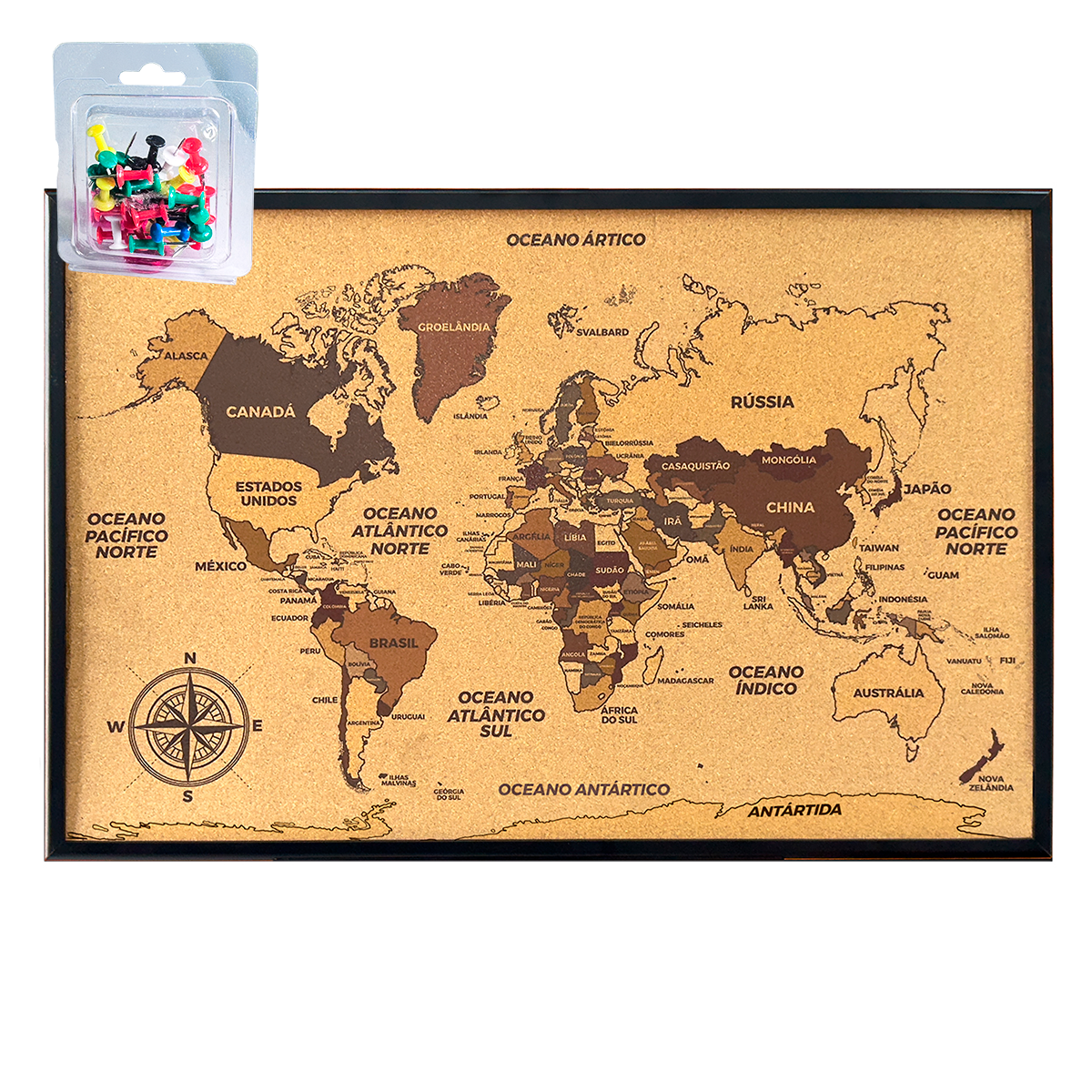 Quadro Decorativo Cortiça Mapa Mundi para Marcar Viagens + 25 Alfinetes