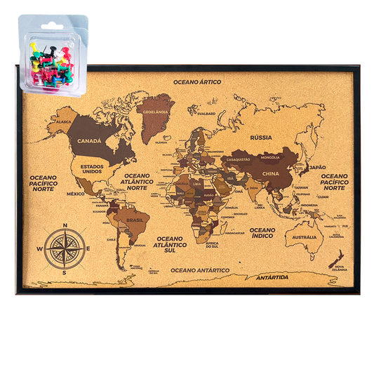Quadro Decorativo Cortiça Mapa Mundi para Marcar Viagens + 25 Alfinetes